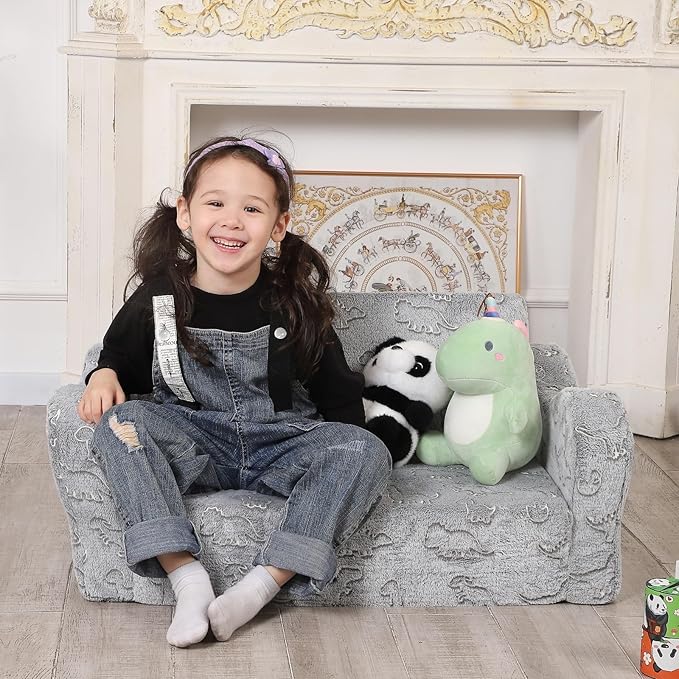 Kids Sofa, 2-in-1 Flip-Out Foam Couch with Soft Sherpa Cover, Cozy Play Lounge Chair, Extra Wide, Glow in The Dark Grey