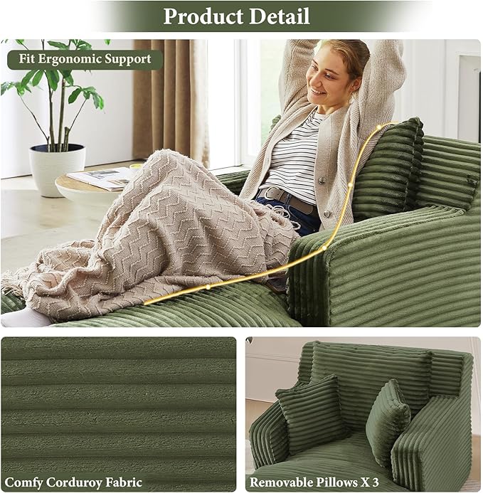 VEPXXP 65.4" Chaise Lounge Chair Indoor, Oversized Boneless Couch Comfy Upholstered Sleeper Sofa Bed with 3 Pillows, Corduroy Cloud Reading Chair for Living Room No Assembly Required, Green