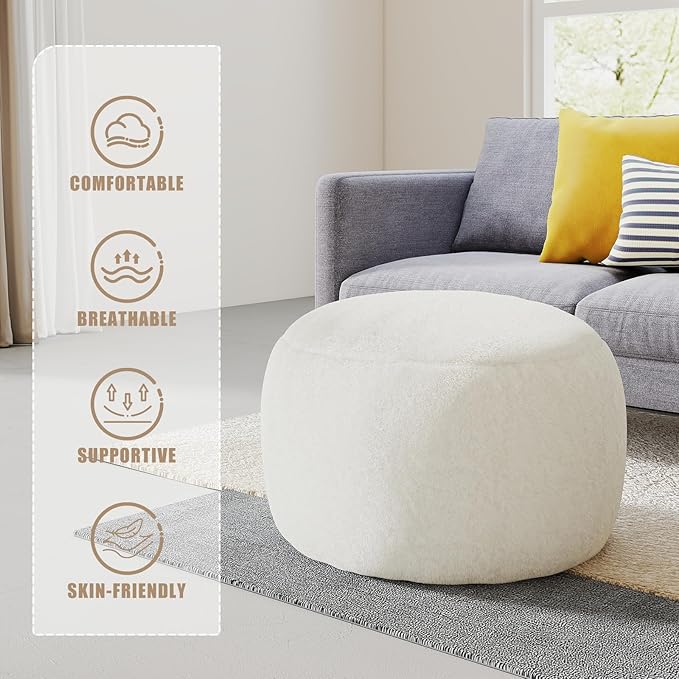 Gericco Round Pouf Ottoman Foot Rest, 29 X 18Inch Floor Poufs Footstool, A Round Modern Foam Filled Foot Stool for Living Room, Home, Nursery, Dorm, Outdoor (White, 29Inch)