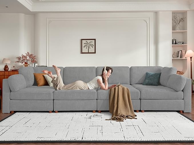 CUGOAO 117.7'' Modular Sectional Sofa, Oversized L-Shaped Sectional Couch with Ottoman, Deep Seat Chenille Cloud Couch, Mordern Upholstered Couches for Living Room, Apartment, Office, Grey