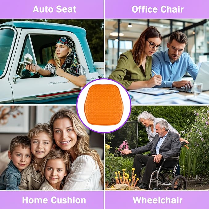 Binsheo Thin Gel Seat Cushion for Car Seat, Office Chair, Wheelchair, Golf Cart - Non-Slip Car Seat Cushions with 0.7 Inch Gel - Sciatica & Coccyx Pain Relief (Leather, Orange)