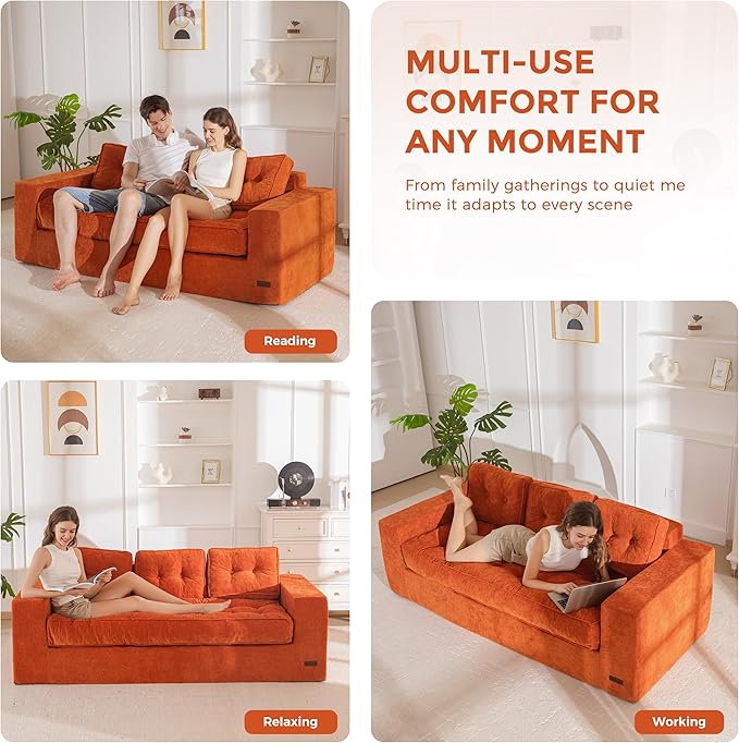 MAXYOYO Boneless Sofa Couch, Loveseat Sofa for Small Space, Tufted 3-Seater Floor Couch Bean Bag Chair for Living Room Bedroom Apartment, Sofa in a Box, No Assembly Needed, Orange