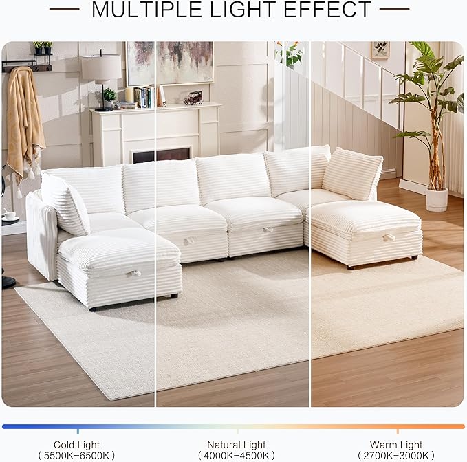 125" Oversized Modular 6 Seater Sofa with Removable Covers and Storage, Convertible U, L-Shaped and Sleeper Sectional, Modern Corduroy Couches with Ottoman Chaise for Living Room, Apartment, Blue