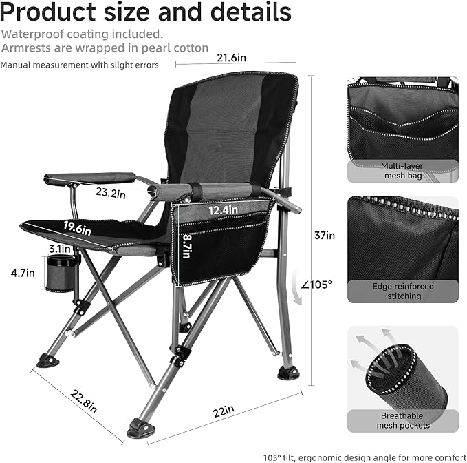 Folding Camping Chair with Cup Holder and Storage Bag, Heavy Duty Support 400 LBS, Oversized Collapsible Portable Camping Chair for Outdoor Camp, Picnic, Travel, Fishing Grey