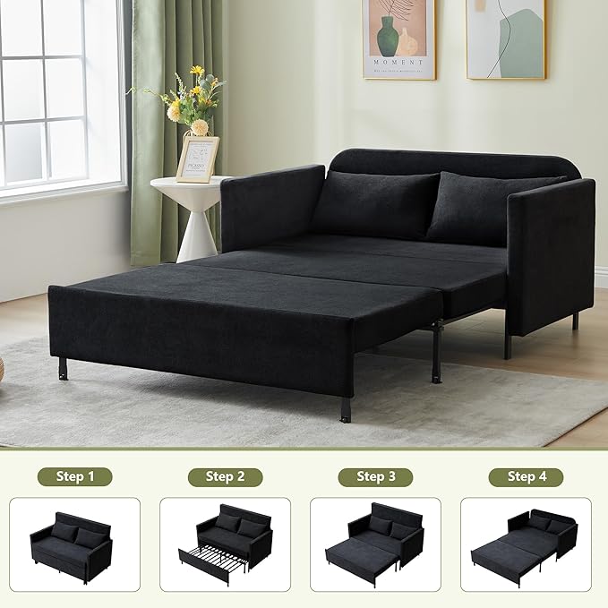 QHITTY Pull Out Couch Bed, 2-in-1 Sleeper Sofa Small Loveseat Bed with Hidden Side Table and Iron Frame for Living Room, Small Space, Apartment (Black)