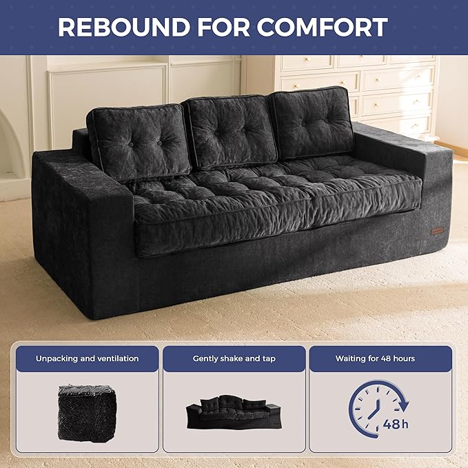 MAXYOYO Boneless Sofa Couch, Loveseat Sofa for Small Space, Tufted 3-Seater Floor Couch Bean Bag Chair for Living Room Bedroom Apartment, Sofa in a Box, No Assembly Needed, Black