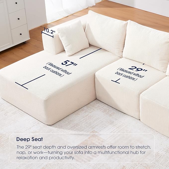 KINGYES 135'' Modular Sectional U Shaped Sofa, Upholstered Corduroy Boneless Couch Cloud Couch for Living Room, Beige