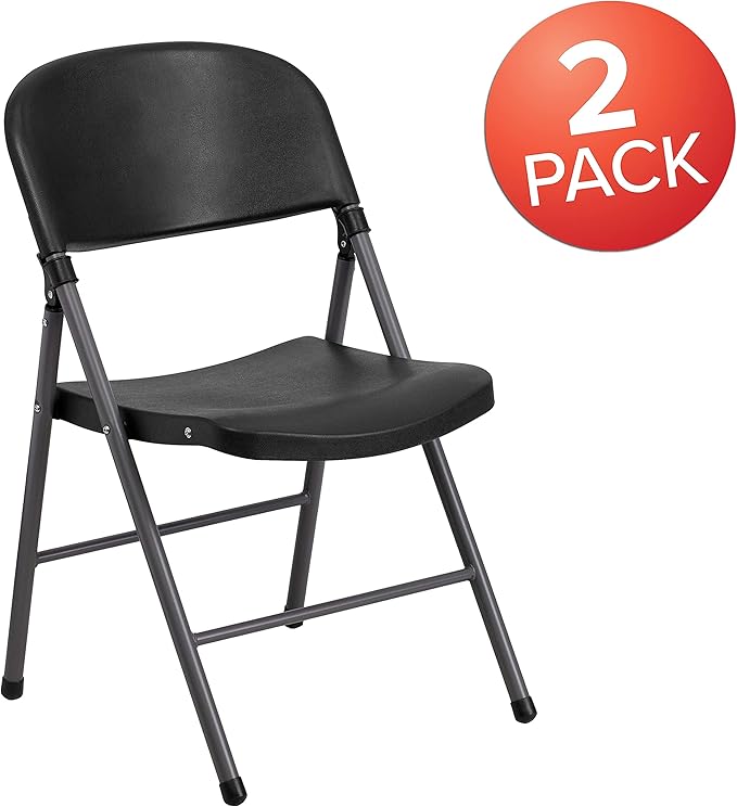 Flash Furniture 2 Pack HERCULES Series 330 lb. Capacity Black Plastic Folding Chair with Charcoal Frame