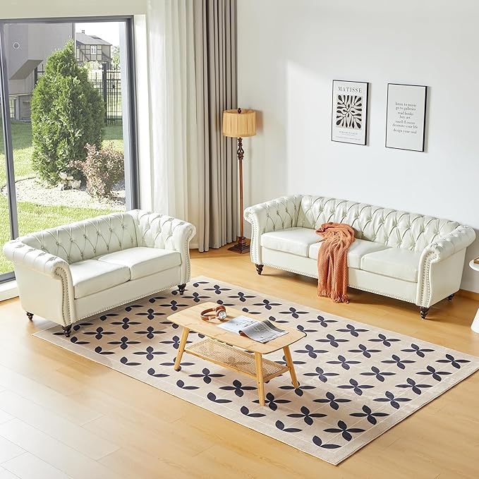 QHITTY Accent Sofa, Chesterfield Loveseat Modern Faux Leather Couch Upholstered Sofa with Tufted Back for Living Room Furniture (White)