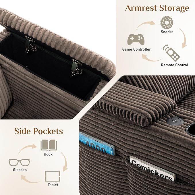 110" W x 60" D U Shape Sectional Sofa with USB Charging & Cup Holder & Storage, 5 Seater Plush Corduroy Couches with Movable Ottoman, Cloud Couch Sofas for Living Room, DIY Combination - Brown