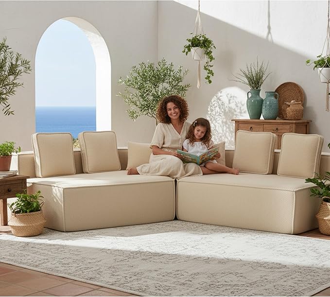 KEIKI 132" Oversized Teddy Modular Sectional Sofa Full Foam Cushion Support Ultra Soft Oversized Lounge Couch for Family Living Room Relaxing Gathering Reading Corner Modern Home Seating