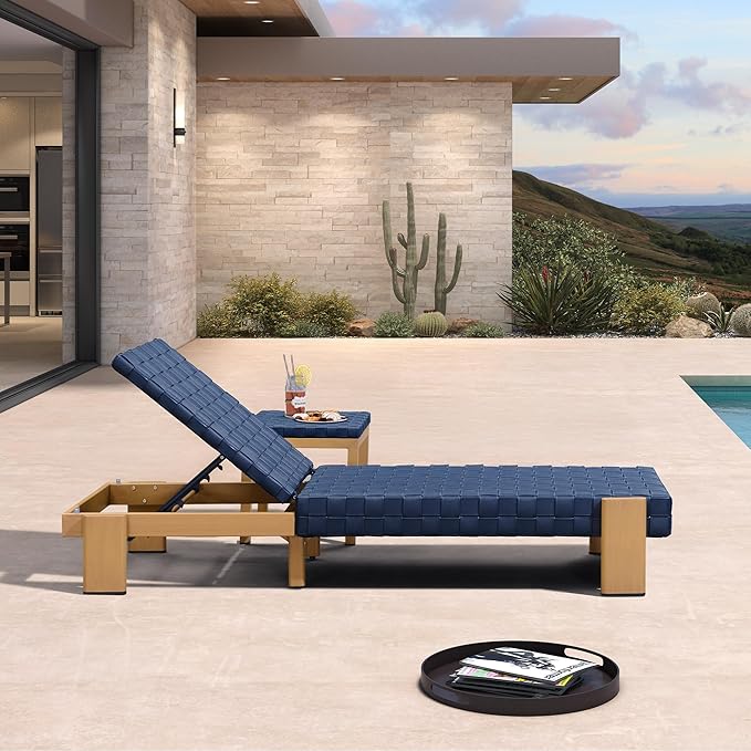 PURPLE LEAF Patio Lounge Chair Modern Outdoor PU Leather Style Chaise Lounge 1 Piece with Side Table Adjustable Backrest Aluminum Luxury Chaise Lounge Chairs for Pool Garden Backyard Beach, Blue