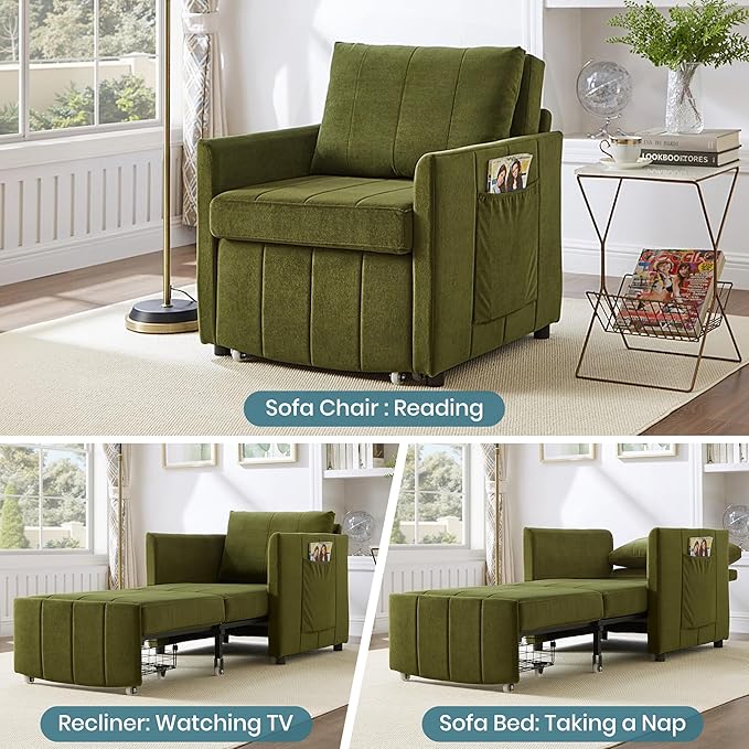 Merax Convertible Chair Bed, 3-in-1 Pull Out Sleeper Couch with Adjustable Backrest, Side Pockets and a Storage Basket, Chenille Folding Sofa Bed for Living Room, Apartment, Green
