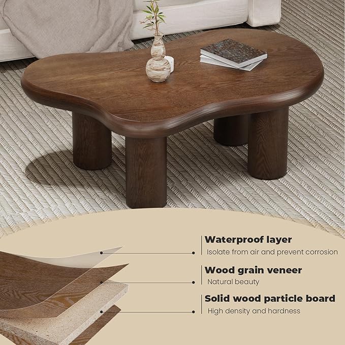 Brown Cloud Coffee Table Modern Irregular Low Center Tables Unique Asymmetrical Minimalist Tea Table with 4 Leg for Living Room Study (Brown 46.06in)