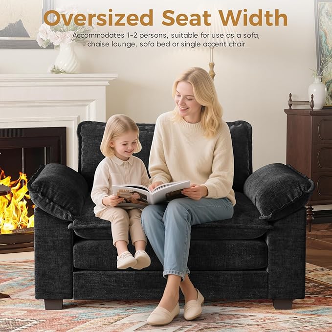 HUSFU Chenille Oversized Accent Chair, Cloud Sofa Chair with Deep Seat and Extra Wide Armrests, Comfy Reading Armchair for Bedroom, Living Room, Black