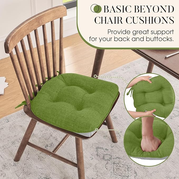 Basic Beyond Chair Cushions for Dining Chairs 4 Pack, Chair Cushion with Ties and Non Slip Backing, 15.5 x 15.5 inches Tufted Chair Pads for Dining Chairs(Grass Green)