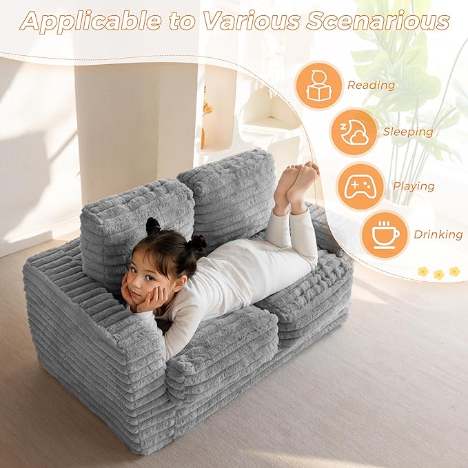 MAXYOYO Extra Wide Kids Bean Bag Chair, Comfy Faux Fur Bean Bag Sofa with Filler, Upholstered Floor Sofa with Pillows and Armrests, Lazy Floor Chair Couch for Boys and Girls, Grey