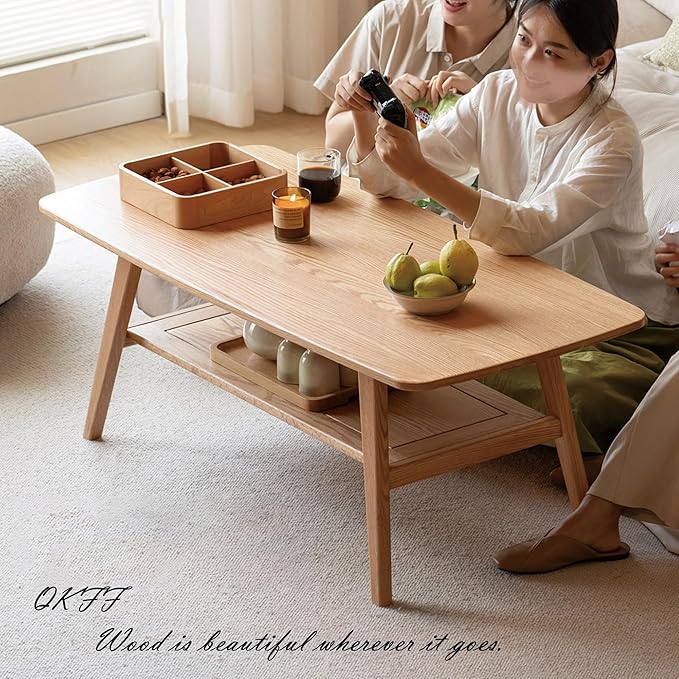 QKFF Modern Solid Wood Coffee Table, 2-Tier Small Wooden Coffee Table with Storage Shelf for Living Room, Apartment, Office, Natural (32''D x 20''W x 18''H)