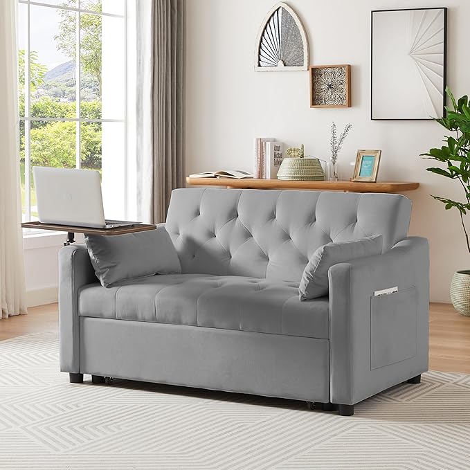 hansones 3-in-1 Convertible Sleeper Sofa Bed, Pullout Couch with 360° Swivel Side Table, Modern Chenille Fabric, Easy to Assemble, Folding Loveseat Sofa Bed for Living Room & Guest Room