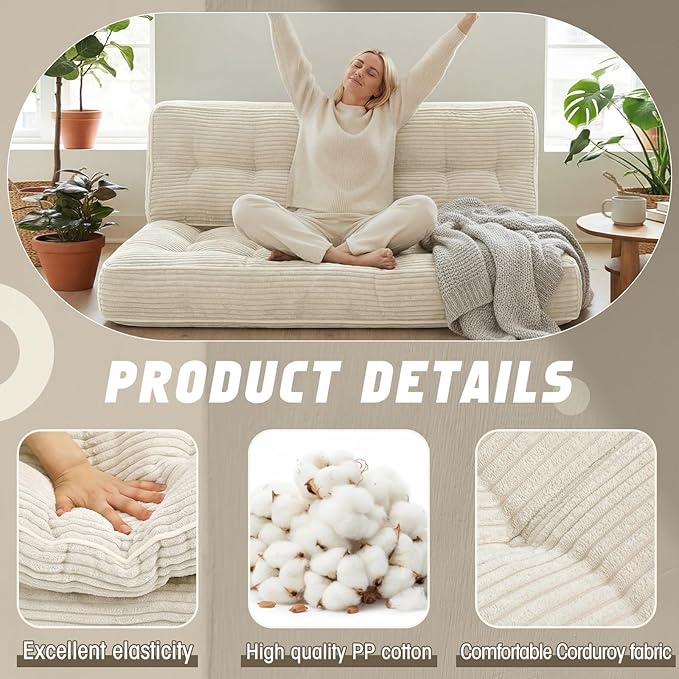 Vercraft 63 Inch Folding Bench Cushion, 4 Inch Thick 2-in-1 Convertible Long Floor Lounger Boneless Cushions Couch Mattress Upholstered for Yoga, Reading, Sleeping, Meditation Living Room(Beige)