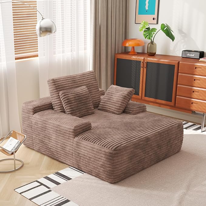WJShome Oversized Chaise Lounge Chair Indoor, Plush Corduroy Boneless Sofa Bed, Cloud Reading Chair with Throw Pillow for Living Room (Brown)