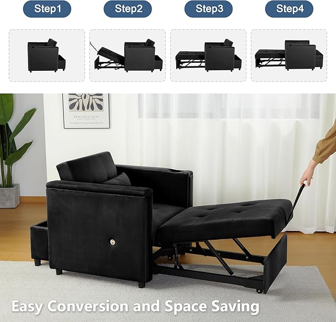 Velvet Convertible Chair Bed, 3 in 1 Multi-Functional Lounge Chair Sleeper, Pull Out Couch Guest Bed with Hidden Table and Adjustable Backrest for Living Room Small Space Apartment (Black)