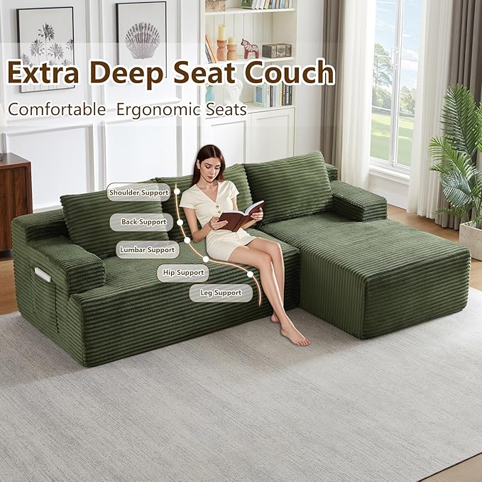 96.1" Modular Sectional Sofa Couches L-Shape Couch 3 Seat Modular Sofa Corduroy Memory Foam Sectional Boneless Couches for Living Room, Cloud Couch with Oversized Chaise(Green, Right Facing)