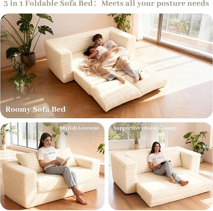 HABUTWAY Convertible Folding Sofa Bed Couch,3 in 1 Pull Out Couch Bed,Loveseat Sleeper Sofa Bed,Boneless Couches with Pillows for Living Room Bedroom, Beige