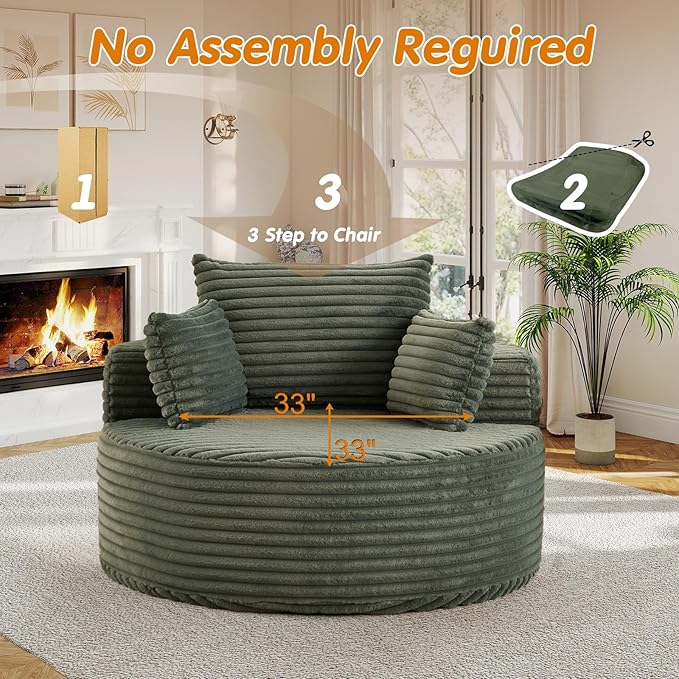 50"W Oversized Round Chaise Lounge Chair Indoor, Upholstered Corduroy Deep Seat Cloud Circle Sofa Chair, Modern Fluffy Comfy Floor Reading Armchair for Living Room, Bedroom, No Assembly Required,Green