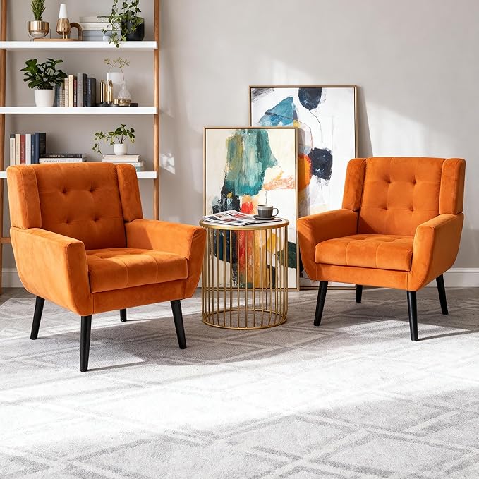OO BY ORANGE ONLINE Set of 2 Velvet Accent Chair, Mid-Century Modern Tufted Armchair for Living Room, Bedroom & Office (Orange)