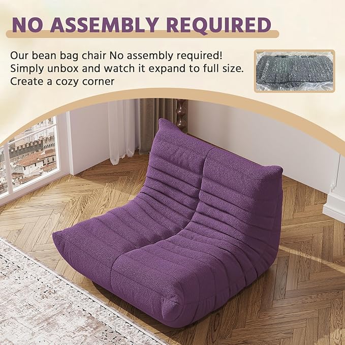 Bean Bag Chair, Fireside Chair, Large Bean Bag Chair for Adults, Bean Bag Chairs for Teens with High-Resilience Foam, Non-Slip Base Floor Lounge Sofa,Living Room (Purple, Single)