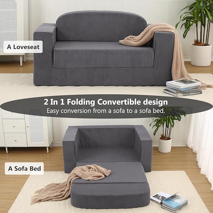 MeMoreCool Convertible Sofa Bed, Pull Out Loveseat Sleeper Sofa, Small Boneless Cloud Couch Bed for Adults, Fold Out Foam Love Seat, Corduroy Folding Floor Couch for Bedroom, Dark Grey