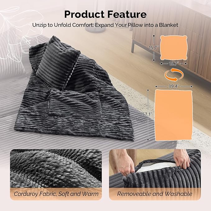 VINGLI Convertible Futon Sofa Bed, Upholstered Corduroy Boneless Couch King Size Floor Loveseat Sleeper Sofa with 2-in-1 Throw Pillow, Couches for Living Room, Bedroom, Lounge, Dark Gray