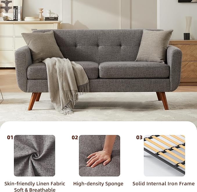 Tbfit 65" W Loveseat Sofa, Mid Century Modern Love Seat Couches for Living Room, Button Tufted Upholstered Small Couch for Bedroom, Solid and Easy to Install Love Seats Furniture, Grey | linen fabric, button tufted, solid wood foot, pocket spring, wood...