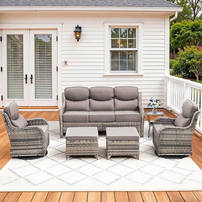 Pugire Luxury High Back Patio Furniture Set with 6-Inch Thick Cushions, 6-Pieces Outdoor Furniture with Swivel Chairs and Side Table, Wicker Conversation Set for Porch, Balcony, Deck and Yard, Grey