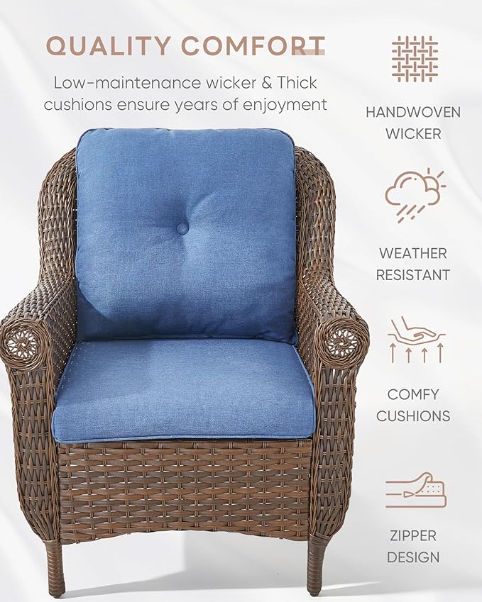 ACTREST Patio Wicker Chairs Outdoor Furniture Chair - Set of 2 Outside All Weather Lawn Dining Brown Rattan Armchair with High Back&Deep Seating for Deck Porch Balcony Backyard Garden - Navy Blue