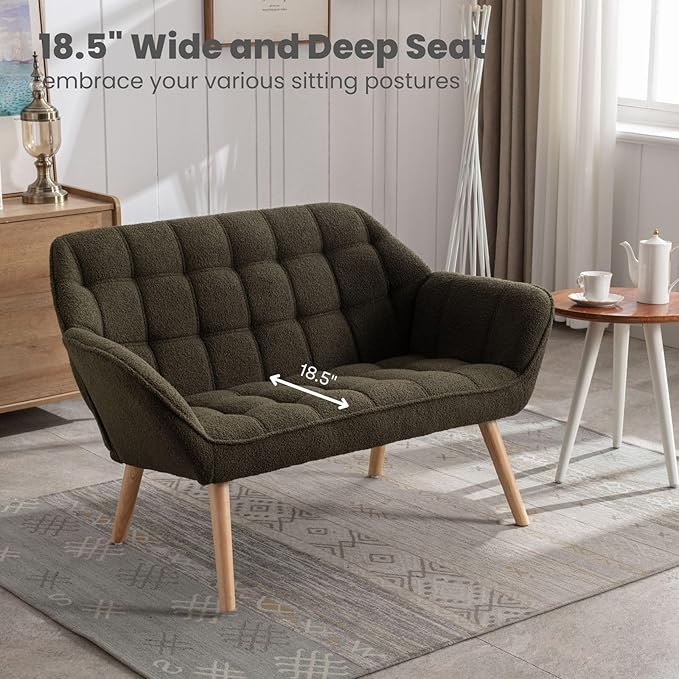 48" Green Small Loveseat Sofa, Comfy Faux Fur 2-Seat Love Seat with Wood Legs, Modern Tufted Wingback Upholstered Sofa Couch for Small Space Living Room Bedroom Apartment