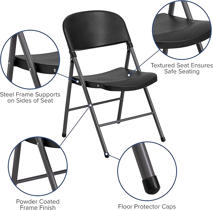Flash Furniture 2 Pack HERCULES Series 330 lb. Capacity Black Plastic Folding Chair with Charcoal Frame