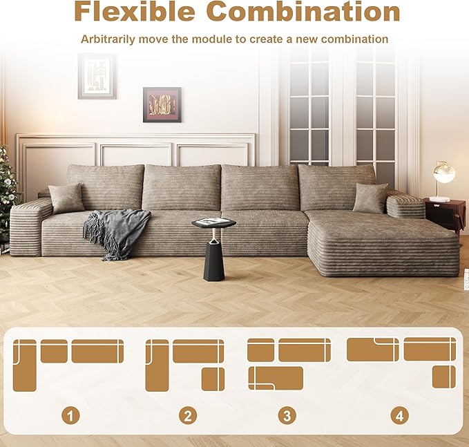 AUGOP 136" Sectional Couches for Living Room Modern Modular Sofa with L-Shape Couchs Upholstered Boneless Couch Deep Seat Sectional Couch with Chaise (Camel, Right Facing Chaise+3Seaters)