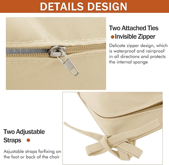 Outdoor Chair Cushions 16 x 17 Inch, Set of 4, Waterproof Patio Chair Cushions with Tie 5 Year Color Fastness Thick Outdoor Seat Cushion for Garden Lawn Patio Furniture Beige