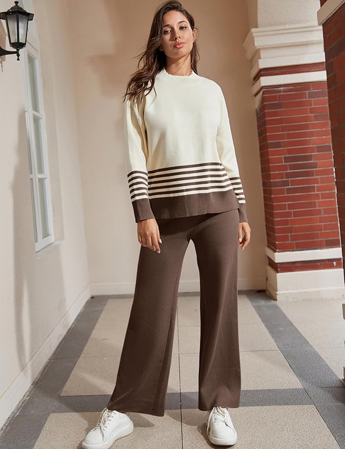 Tanming Women's Lounge Sets 2 Piece Outfits Knitted Pullover Sweater Tops Wide Leg Pants Tracksuit