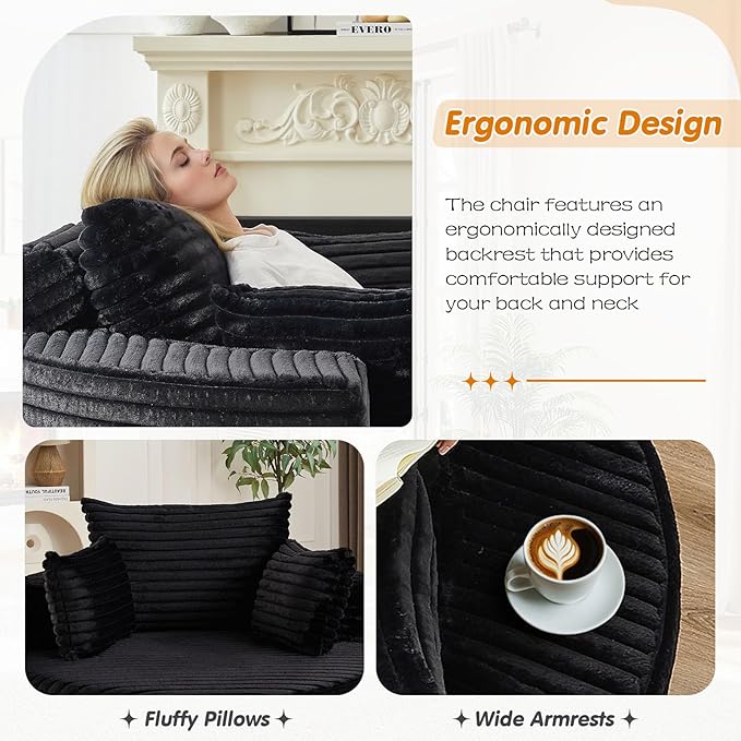 50"W Oversized Round Chaise Lounge Chair Indoor, Upholstered Corduroy Deep Seat Cloud Circle Sofa Chair, Modern Fluffy Comfy Floor Reading Armchair for Living Room, Bedroom, No Assembly Required,Black