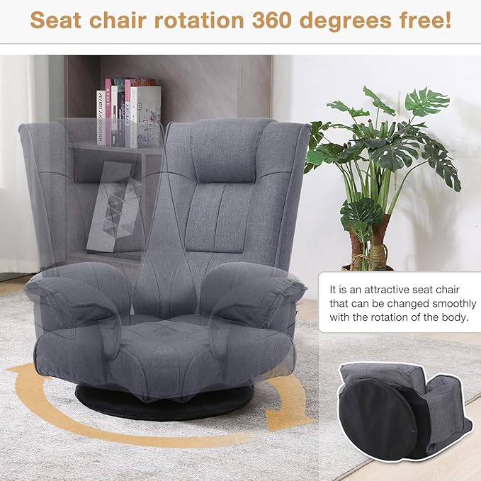 Ergonomic Swivel Floor Gaming Chair with Armrests & Side Pockets, 6-Position Reclining Sofa Bed, Foldable Padded Lounger with Thick Cushion & Lumbar Support for Esports, Reading, TV Watching (Grey)