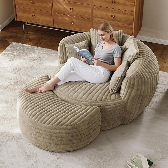 50" W Oversized Round Chaise Lounge Chair with Ottoman Indoor Boneless Plush Fluffy Corduroy Circle Couch Soft Comfy Cozy Cloud Reading Chair for Living Room, Playroom, Bedroom - Camel
