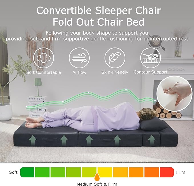HILERO Folding Sofa Bed, 4 in 1 Convertible Sleeper Chair with Pillow, Twin Memory Foam Fold Out Chair Bed, Modern Floor Futon Sofa Couch Mattress for Living Room/Guest/Apartment, Dark Grey