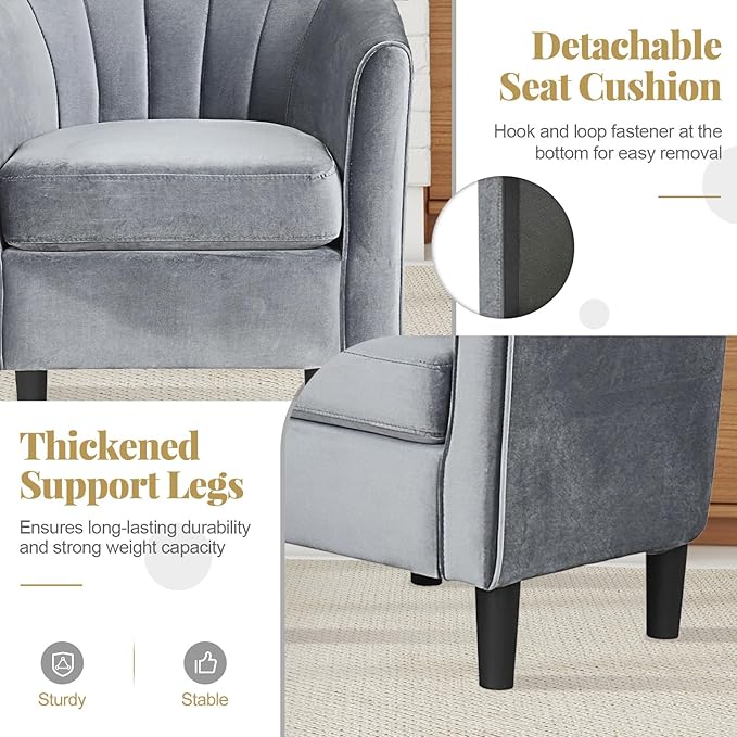 GOFLAME Accent Chair with Ottoman, Modern Velvet Fabric Barrel Chair with Footrest, Curved Backrest, Removable Seat Cushion, Upholstered Club Tub Sofa, Reading Armchair for Living Room, Bedroom, Gray