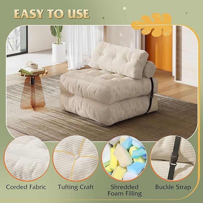 WLIVE Sofa Bed, Bonless Couch, Bean Bag Chairs for Adults, Pull Out Couch, with Pillow, for Living Room Dorm Bedroom, Beige