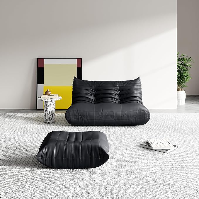 Foam Bean Bag Chairs for Adults,Big Faux Leather Bean Bag Lounger Couches, Modern Sofa,Floor Lazy Sponge Couch for Living Room Bedroom Dorm Office,Black