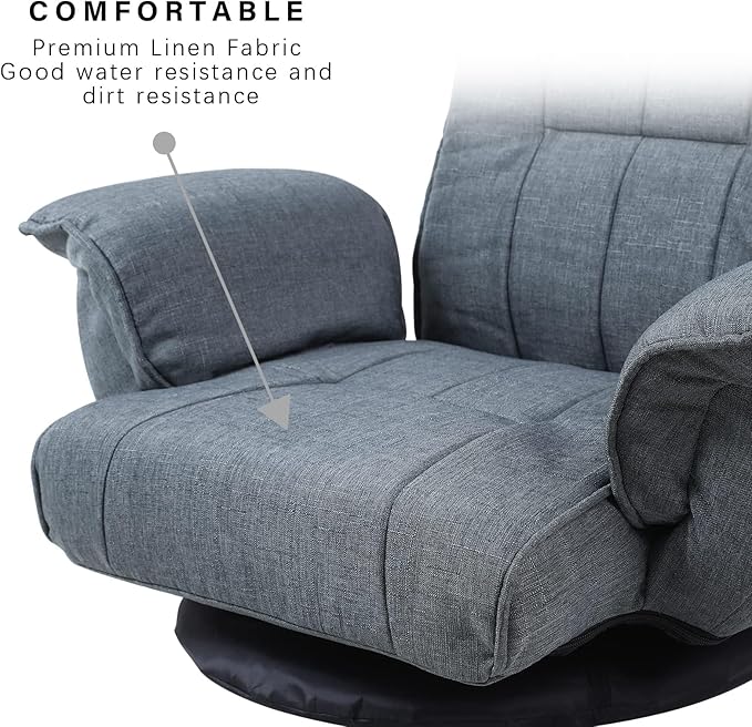 FLOGUOR 360 Swivel Gaming Chair 14-Position Adjustable Folding Floor Sofa with Armrests Lounger Bed for Home & Living Room Chaise Lounge Indoor for Adults QL201GR