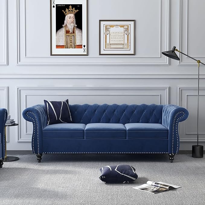 QHITTY Accent Large Sofa, Chesterfield Couch 3 Seater Modern Velvet Couch Upholstered Sofa with Tufted Back for Living Room Furniture (Blue)